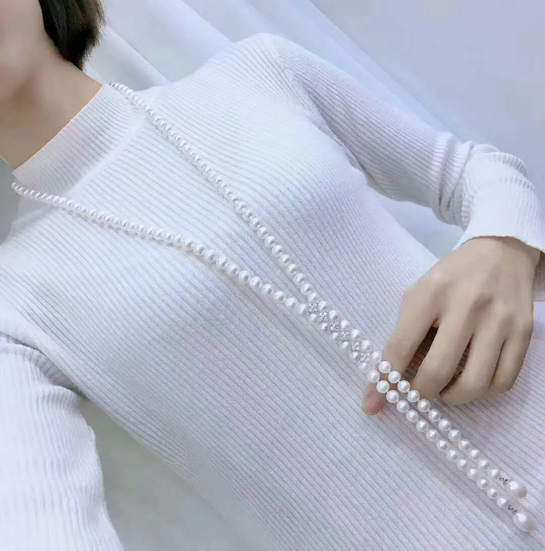 Handgjorda 8-9mm White Freshwater Pearl Micro Inlay Zircon Accessories Halsband Långt 120 cm