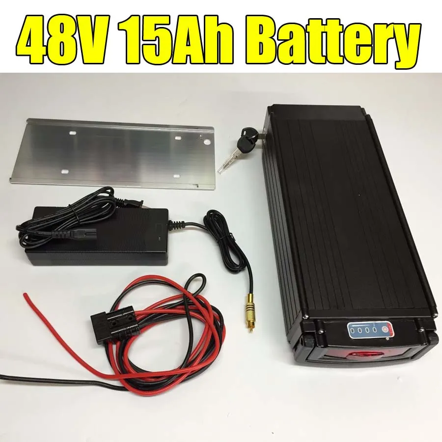 2016 hot sale 48V 15AH Lithium-ion Rack Mount black Battery 2Amp Charger for ebike batteries with LED light