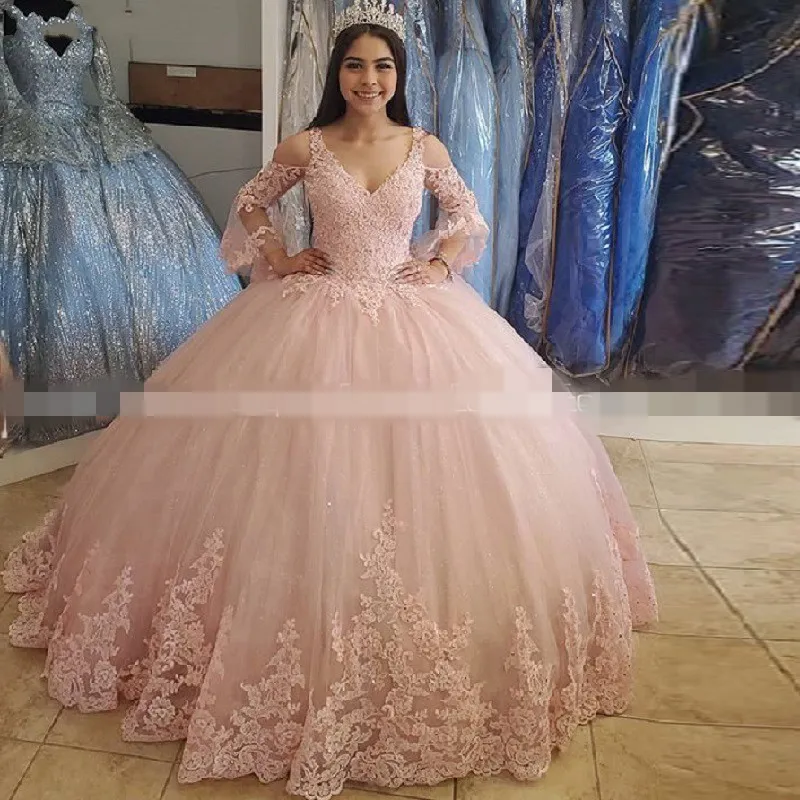 Bolo manga larga encaje 2020 vestidos de quinceañera vestido de graduación niñas rosa apliques con cuentas tul hombro frío princesa graduación dulce 16 vestido