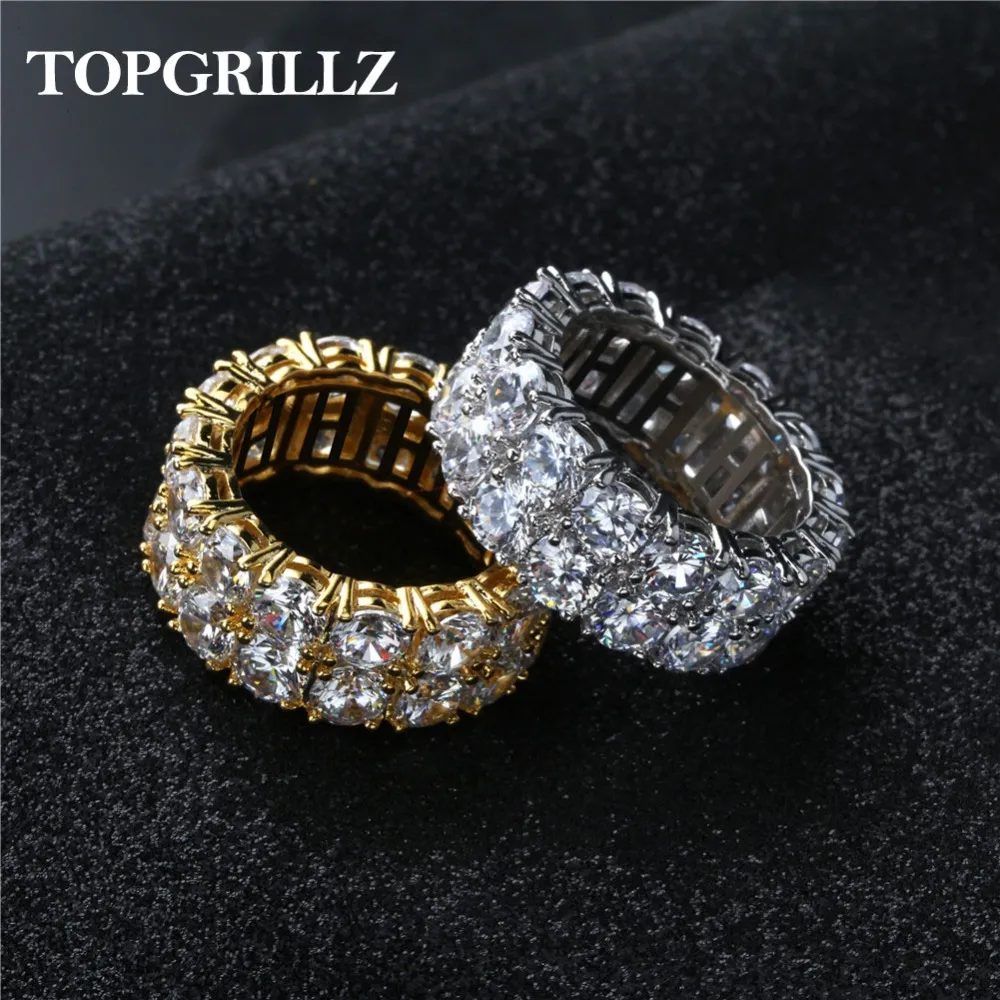 Topgrillz Hip Hop Gold / Silver Color Plated Mosiądz Micro Pave CZ Stone 2 Row Ring Men Kobiety Urok Biżuteria z 7,8,9,10,11