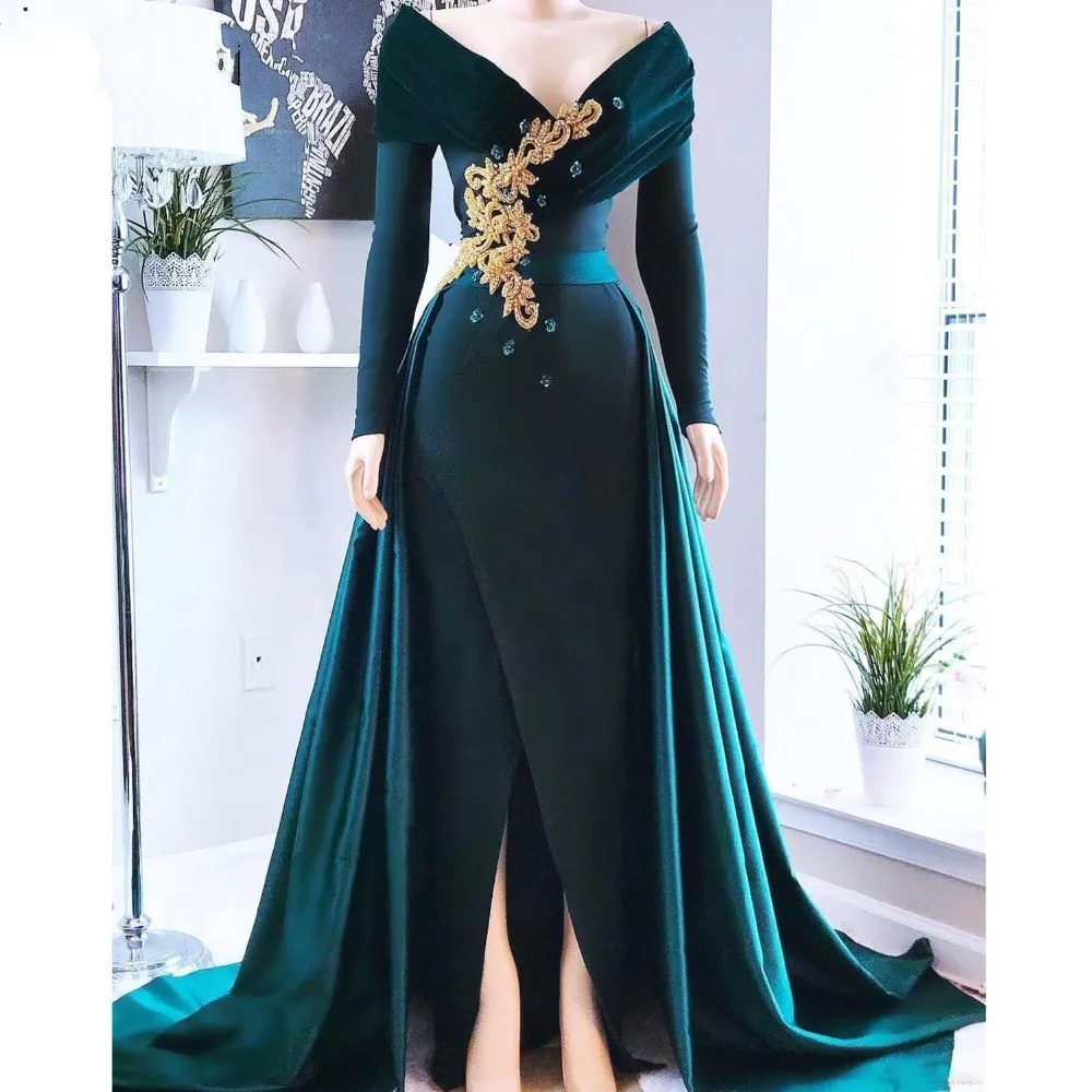 Elegante jager groene moslim avondjurken kralen 2020 Dubai islamitische Arabische satijnen v-hals lange mouwen vrouwen formele jurk gewaad de soiree