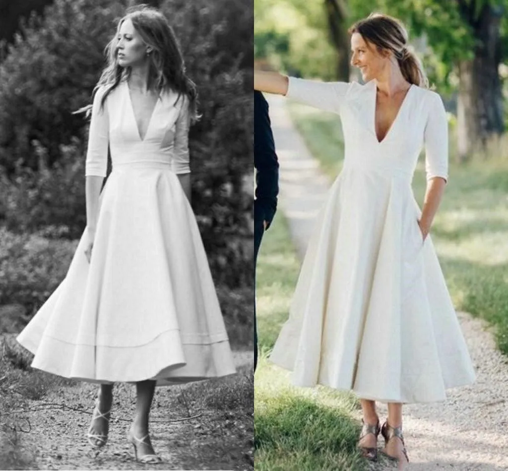 Vintage Abiti da sposa di lunghezza del tè con la dimensione mezza manica con scollo a V Retro Paese Boho Abiti da sposa vestido de Noiva personalizzato