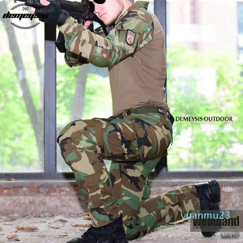 Partihandel-Woodland Camouflage Army Uniform Tactical Combat Suit War Game Clothing Shirt + Pants Elbow Knee Pads