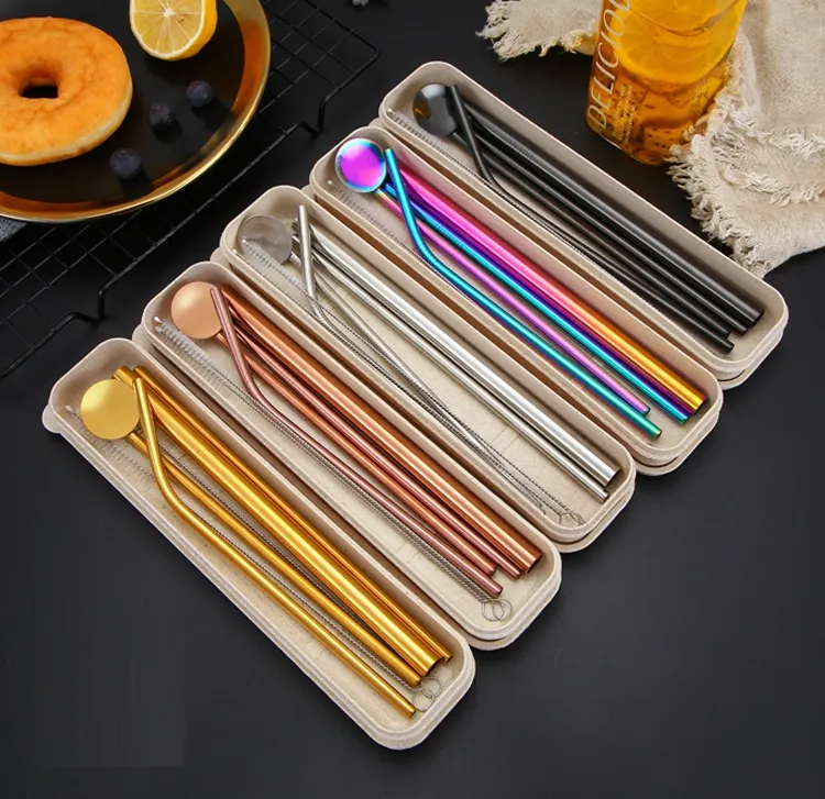 Reusable 304 Stainless Steel Drinking Straws Set Straight Bent Smoothies Drinking Straws Spoon set with brush 7pcs/set