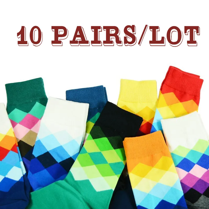 Katoen heren sokken patroon plaid crew gekleurde grappige gelukkige sokken 10 paren/veel cool man sox cadeau long harajuku ontwerper calcetines