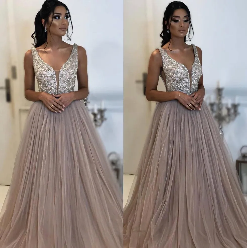 2019 Deep V Neck Tulle A Line Evening Dresses Beaded Stones Top Floor Length Formal Party Cocktail Prom Dresses BC0906