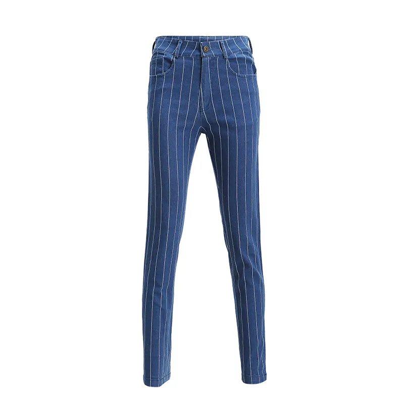 2019 Vårkvinnor Kläder Mörkblå StreetWear Casual High Waist Button Vertikal Striped Jeans Byxor Femme