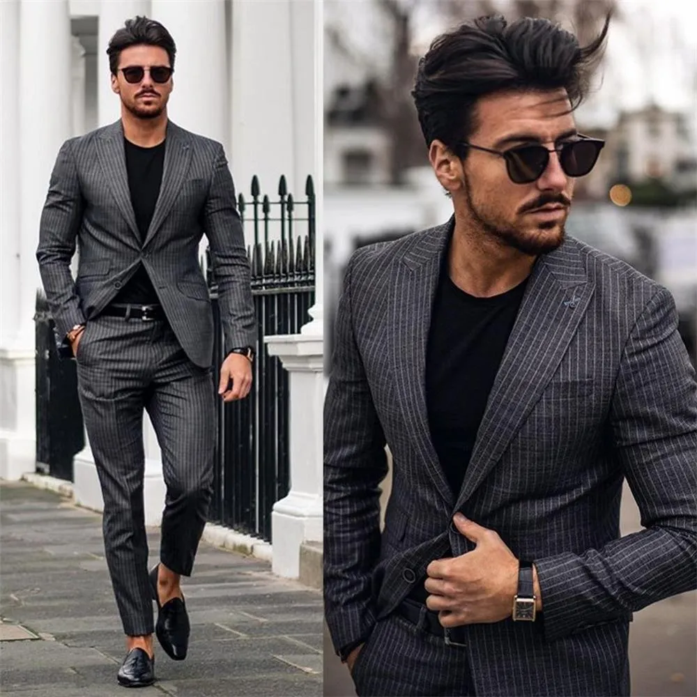 2020 abiti da uomo a righe grigio scuro blazer abito da sposa slim fit 2 pezzi smoking dello sposo migliori abiti da ballo da uomo (giacca + pantaloni) su misura