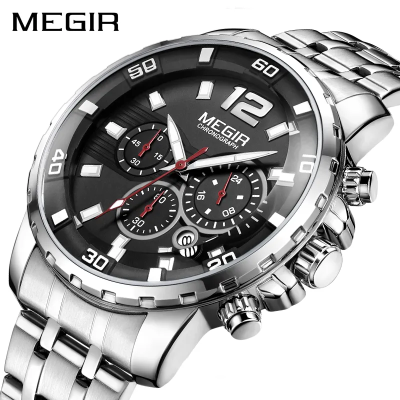 Megir Luxury Business Wrist Watch Men Brand en acier inoxydable Chronograph Quartz Mens montres horloge Hour Relogio Masculino