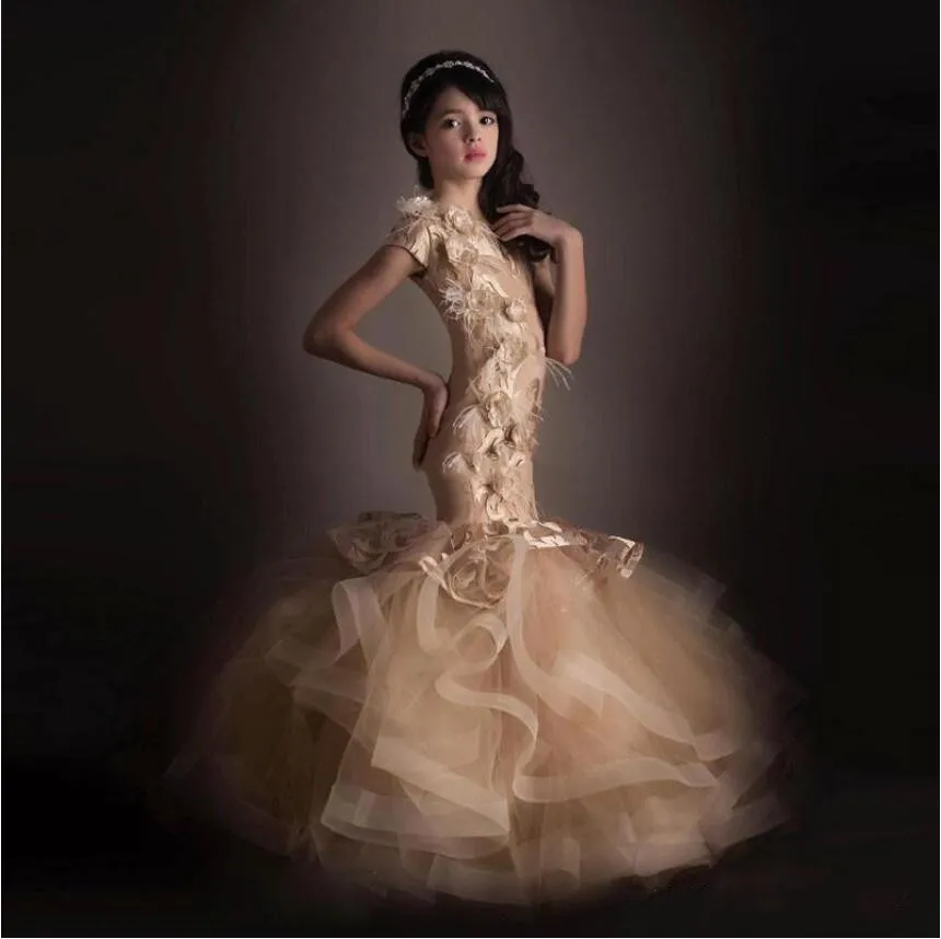 Şampanya Mermaid Çiçek Kız 'Elbiseler 3D Çiçek Aplikler Güzel Kızlar Pageant Elbise Küçük Çocuklar Resmi Giyim Doğum Günü Partisi Balo Abiye