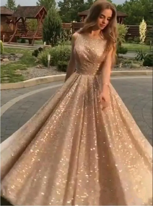 2019 Bling Bling Prom Dresses Sequin Jewel Neck A Line Sleeveless