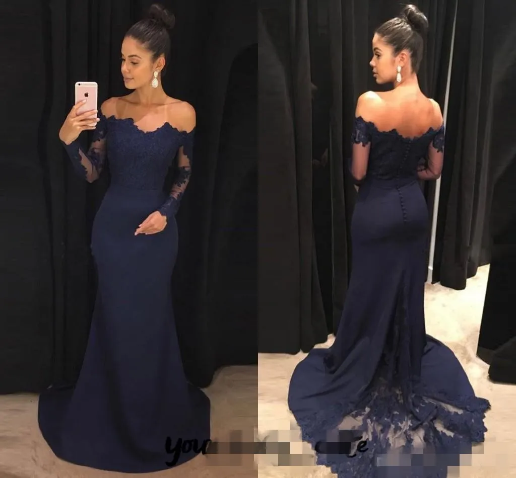 Bleu marine hors de l'épaule Robes de bal de bal en dentelle Sirage de balayage Sirène couverte Boulanges Back Longe Robe de fête en soirée 403 403