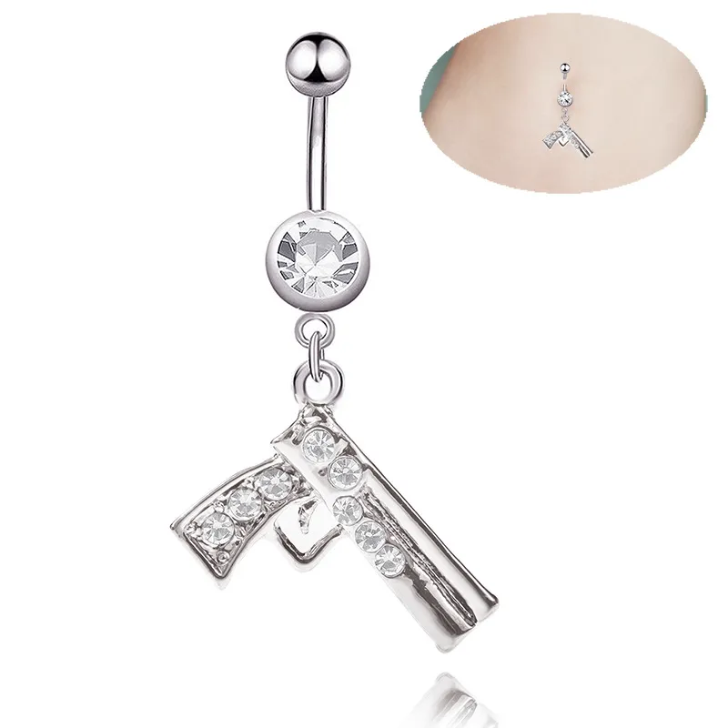 Sexy Gun Shape Wasit Buikdans Crystal Body Sieraden Rvs Strass Navel Bell Button Piercing Dangle Rings voor Vrouwen