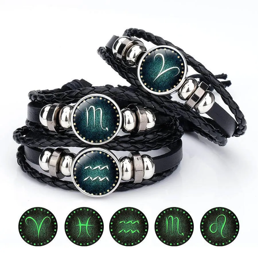 Lichtgevende 12 dierenriem teken armband voor vrouwen mannen gloed in de donkere sterrenbeelden charme lederen touw kettingen armband diy mode-sieraden