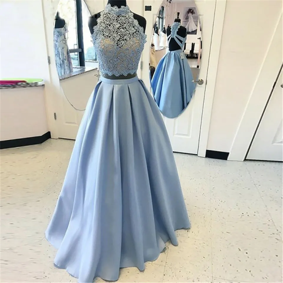 Darmowa Wysyłka Light Blue Dwa Kawałki Druhna Suknie Dla Kobiet Nowa Elegancka Koronkowa Party Wedding Party Dress Long Długość Prom Party Suknie