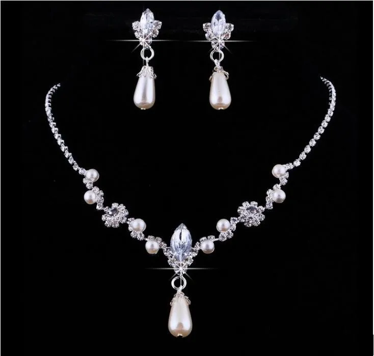 Crystal Hot Sale Drop Pearls silver plated necklace Imitation earrings Wedding jewelry sets for bride Bridesmaids women Bridal Accessories