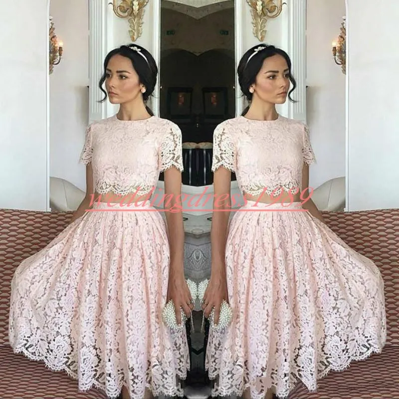 Impressionante dois pedaços Lace Roubering Dresses Manga Curta Rosa 2019 Árabe Africano Curto Prom Vestido Cocktail Club Wear Graduation