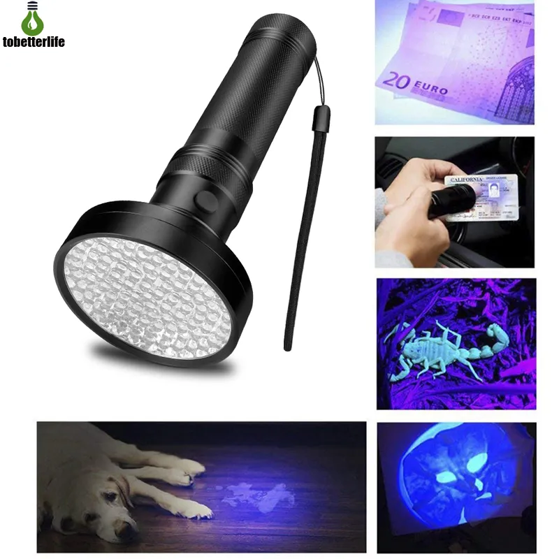 100LED UV-ficklampa 395-400nm Säkerhet ultraviolett detektering LED-facklampa Violett Light Pengar Detektor