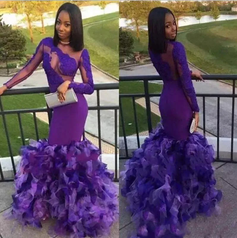 Enchanting Purple Mermaid Prom Dress with Long Sleeves Jewel Sheer Neck Ruffles Lace Appliques Satin Formal Gown Perfect for Evening Events
