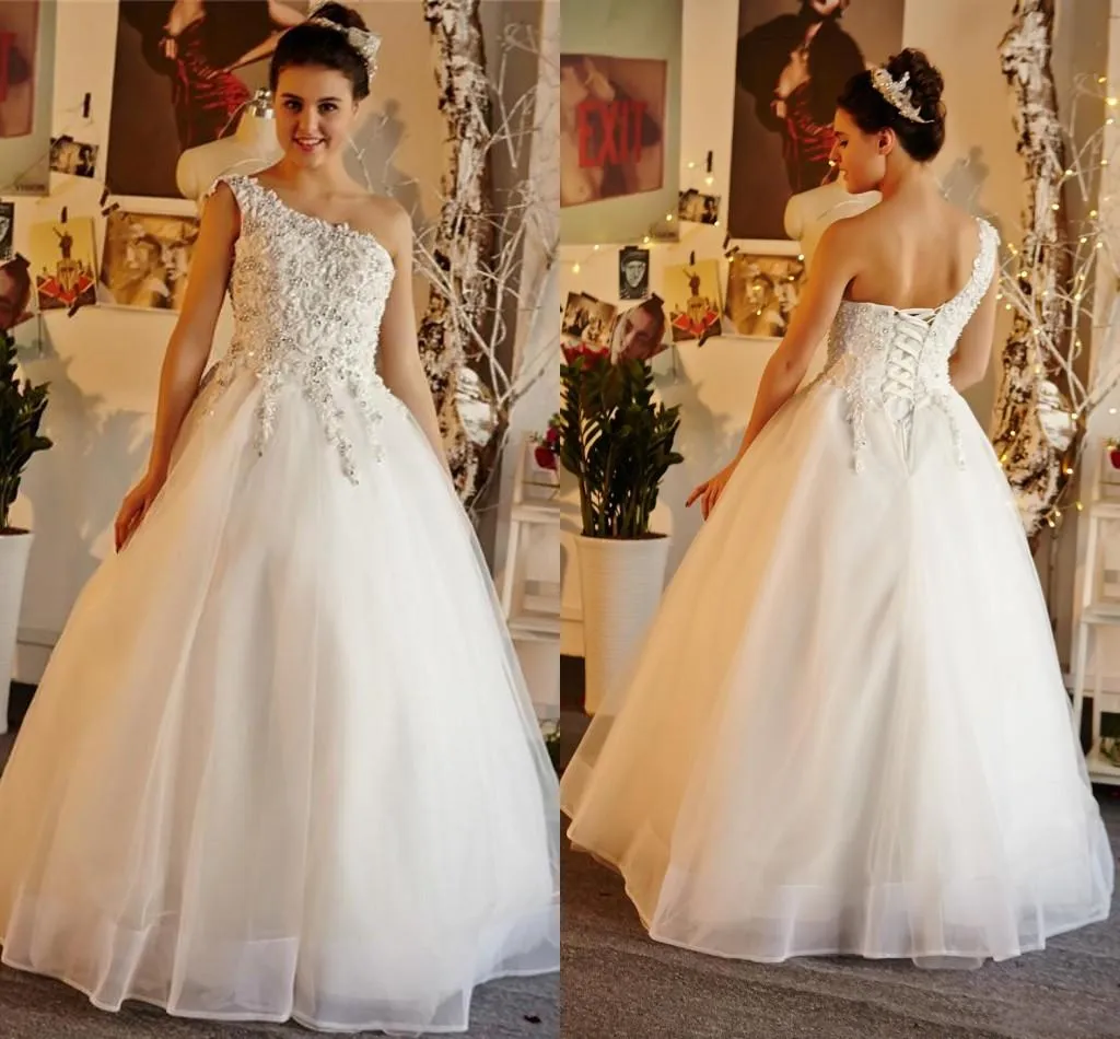 Abiti da sposa monospalla Stringati sul retro Lunghezza pavimento Appliques Perline Abiti da sposa da giardino abiti da sposa