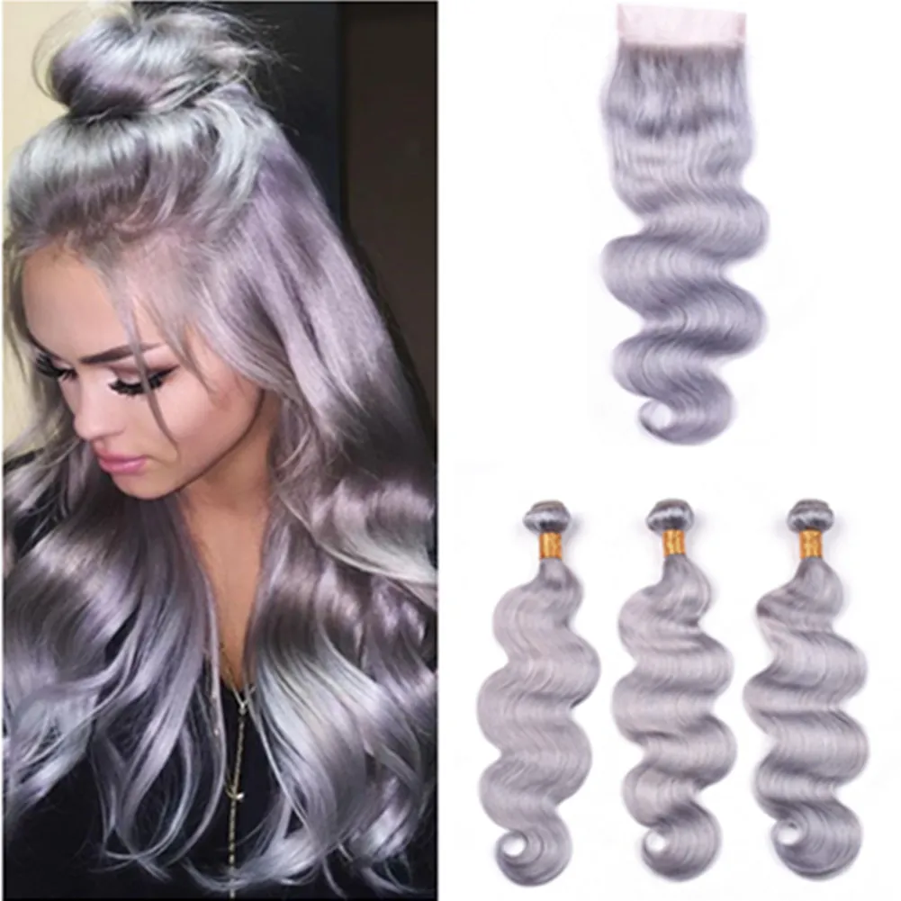 Pure Grey Peruvian Hair Bundles with Closure Silver Grey Body Wave Human Hair Weaves 3Bundles with Lace Closure 4x4 Grey Color Hair Wefts