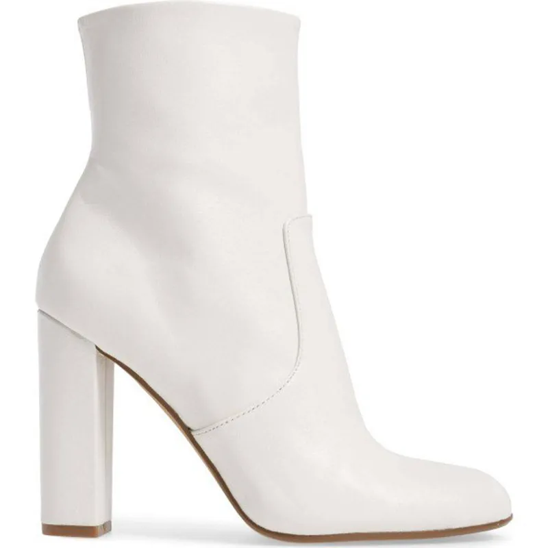 Hot Sale-couro branco Mulheres Ankle Boots Chunky sapatos de saltos do dedo do pé Pointed Sexy Lady Escritório Sapatinho Outono Inverno Shoes