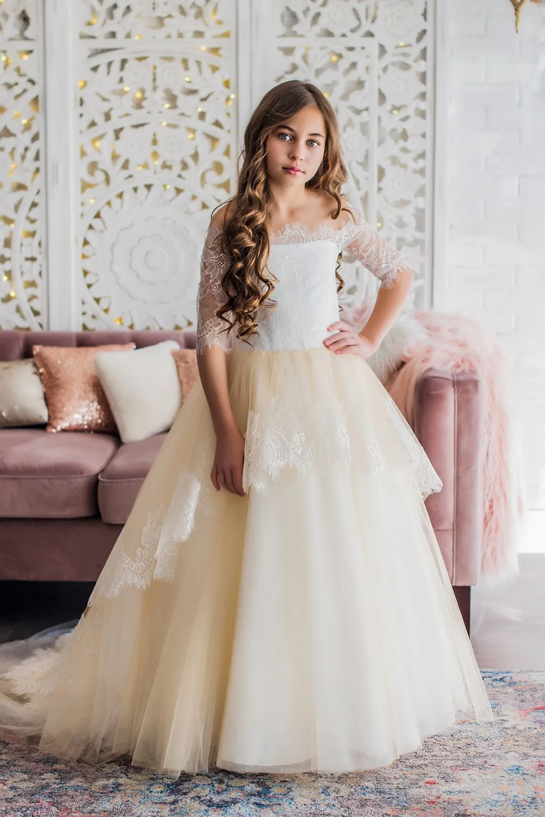 Off The Shoulder Ball Gown Flower Girl Dress: Long Sleeve Tulle Lace  Applique Ruched Floor Length Party Gown From Kuaileju, $99.39 | DHgate.Com