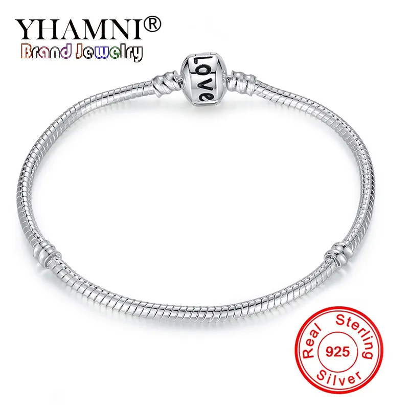 YHAMNI New Design Solid Silver Snake Chain Original Charm Bracelet With Love Stamped Charm Bead Bracelet For Women 16-23CM HB520