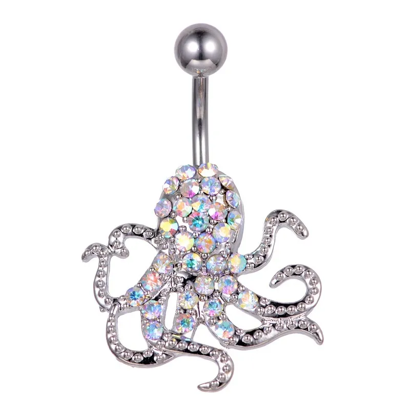 Diamond 316L Stainless Steel Octopus Navel Belly Button Ring Silver Shine Body Piercing Jewelry