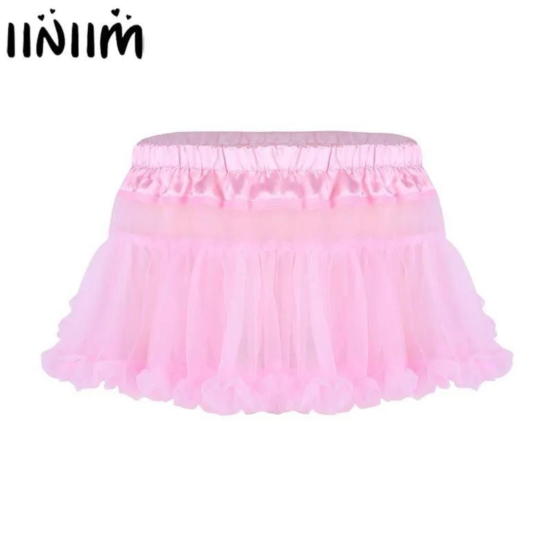 남성 G-Strings IiniInim Mens Sissy Lingerie Panties 새틴 탄성 허리 밴드 프리 러프 얇은 명주 그물층 스커트 짧은 Babydolls 미니 투투 스키어