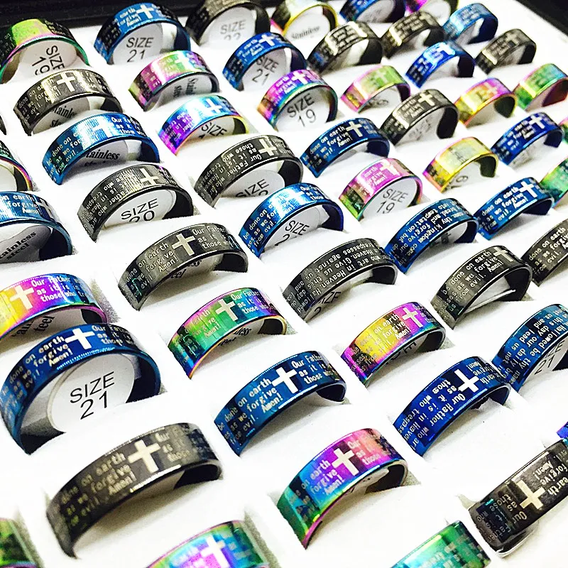 Wholesale 100pcs Lord's Prayer in English cross Stainless Steel Rings Men Women Fashion God the serenity prayer Ring mix colors dropshipping