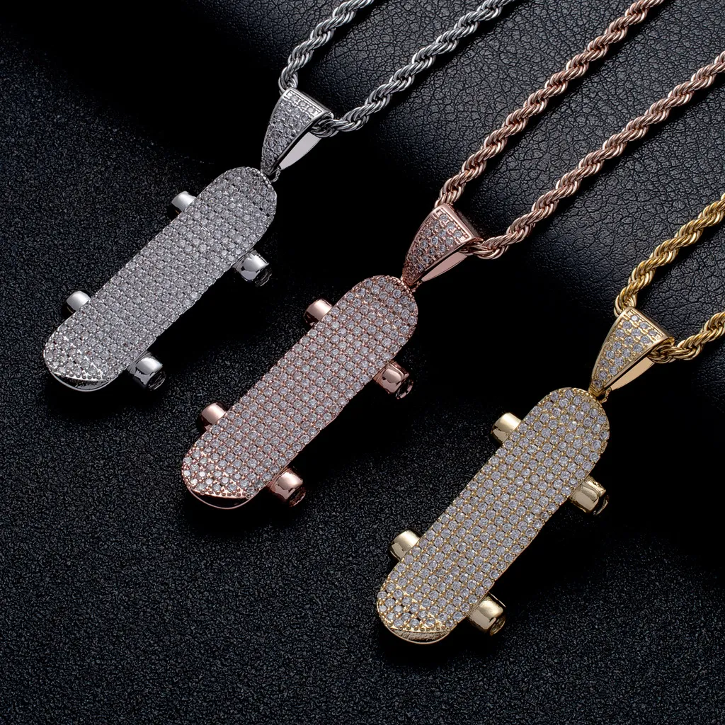 Iced Out Hanger Luxe Designer Sieraden Mens Ketting Mode Cartoon Skateboard Hangers Bling Diamond Hiphop Charms Rose Gold Silver NIEUW