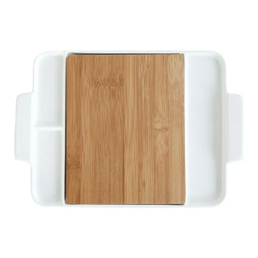 Outils rectangulaires de planche à fromage en porcelaine blanche avec plateau de service de coupe en bambou Nature pour les fruits du petit déjeuner Sushi