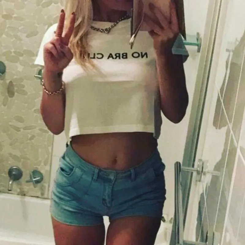 Women's T-Shirt No Bra Club Letter Womens Loose Pullover Short T Shirt  Sleeve White Tops Colloge Crop