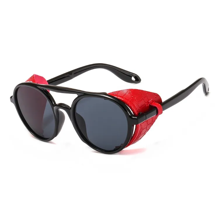 Retro Steampunk Sunglasses PC Round PU Leather Edging Sun  display picture 3