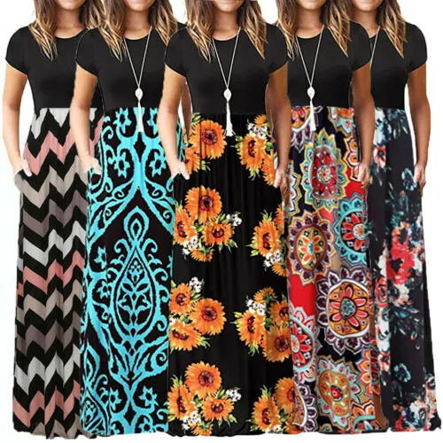 2019 Aankomst Dames Floral Gedrukt Korte Mouw Boho Casual Long Maxi Dress Split Party Beach Sundress Clubwear