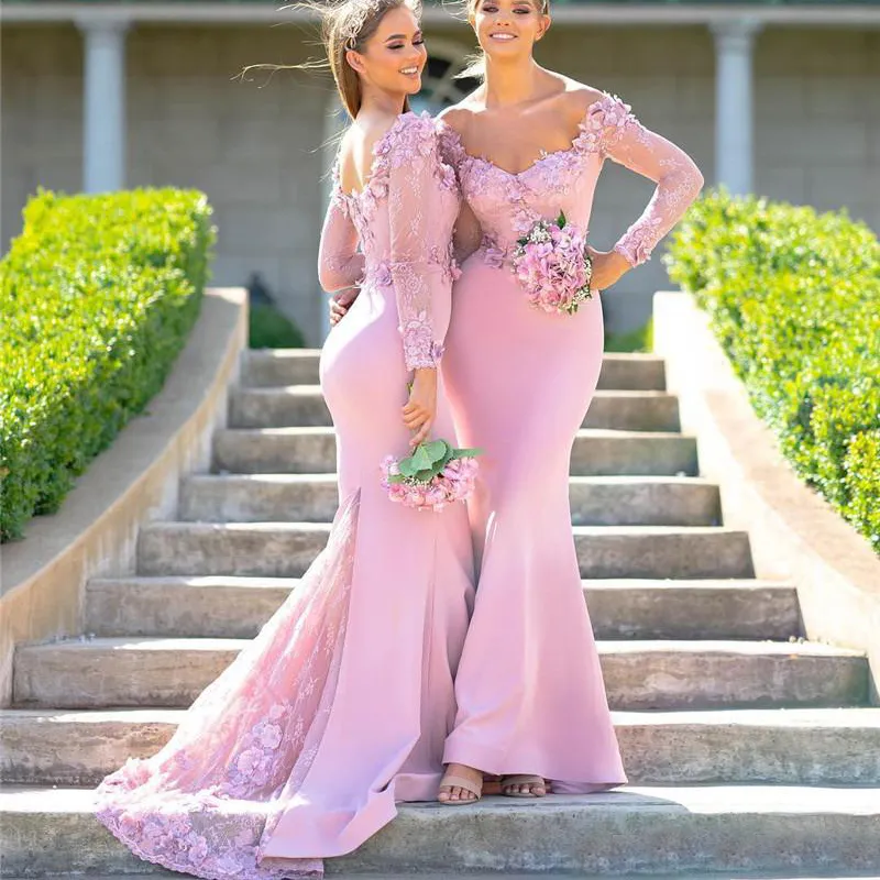 Arabic Mermaid Periwinkle Bridesmaid Dresses with Appliques and 3D Flowers - Vintage Long Sleeve Maid of Honor Gown for Evening Prom at An Affordable