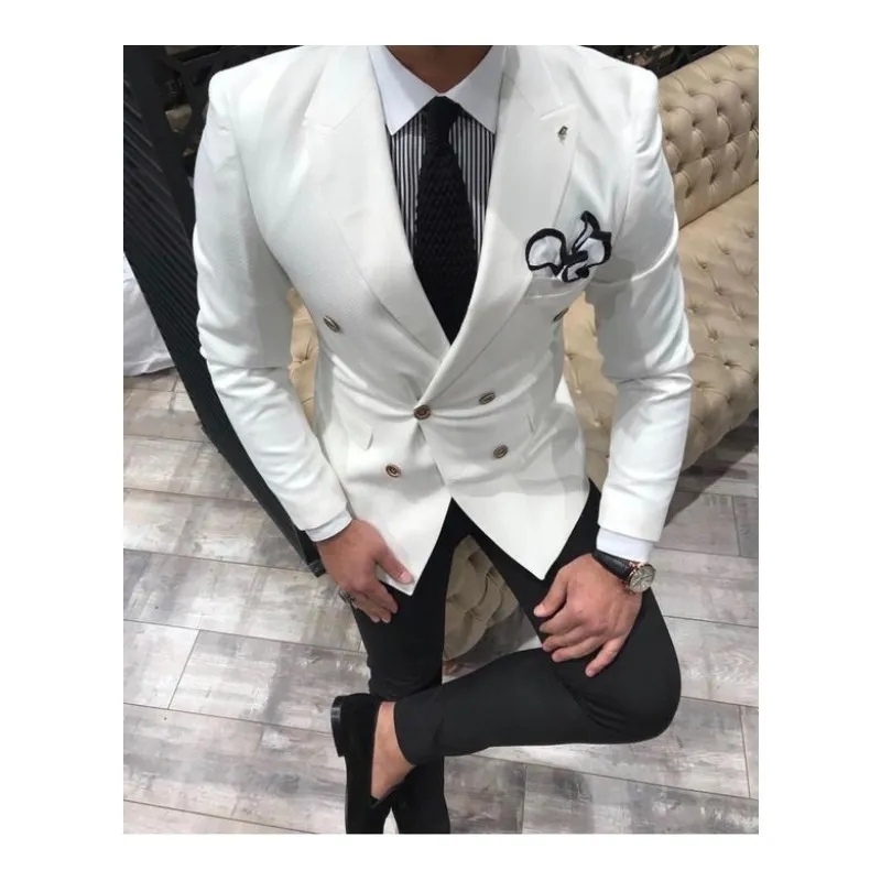 Newest White Groom Tuxedos Peak Lapel Double Breasted Wedding Men Suits ...