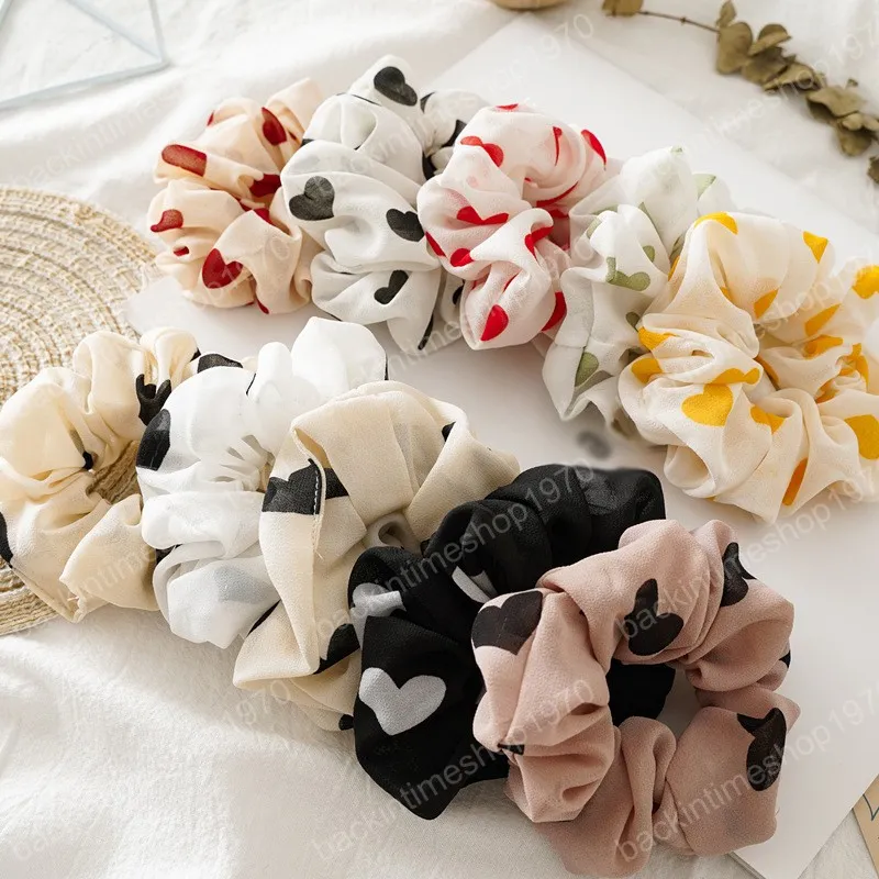 Love Heart Print Chiffon Elastic Scrunchie Hair Ties Ponytail Holder Hair Rope Women Trendy Elegant Headwear Elastic Hair Bands