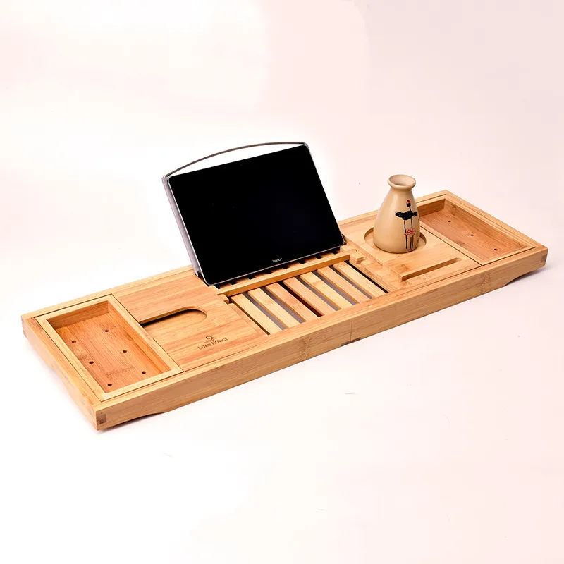 Creative Bamboo Bathtub Tray with Extending Sides Reading Rack Tablet Holder Cellphone Tray and Wine Glass Holder LX1550