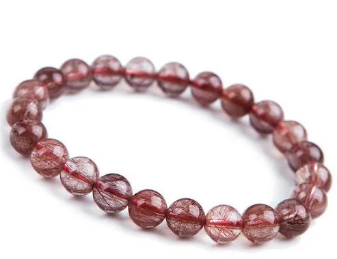 Gratis frakt Natural Brasilien Red Hair Quartz Crystal Rutilated Pearl Armband 7mm