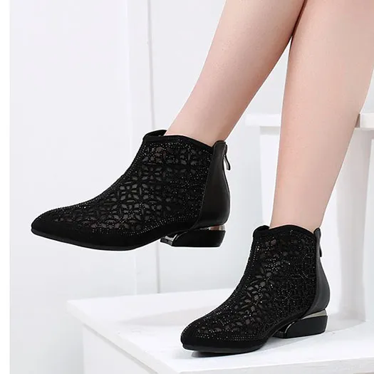 Hot Sale-Flat Mesh Sandaler Vit Bröllop Stövlar Cutout Kvinnor Stor Storlek Sommar Spetsad Toe Ankel Black Rhinestone Skor Klipp ut 10 Booties