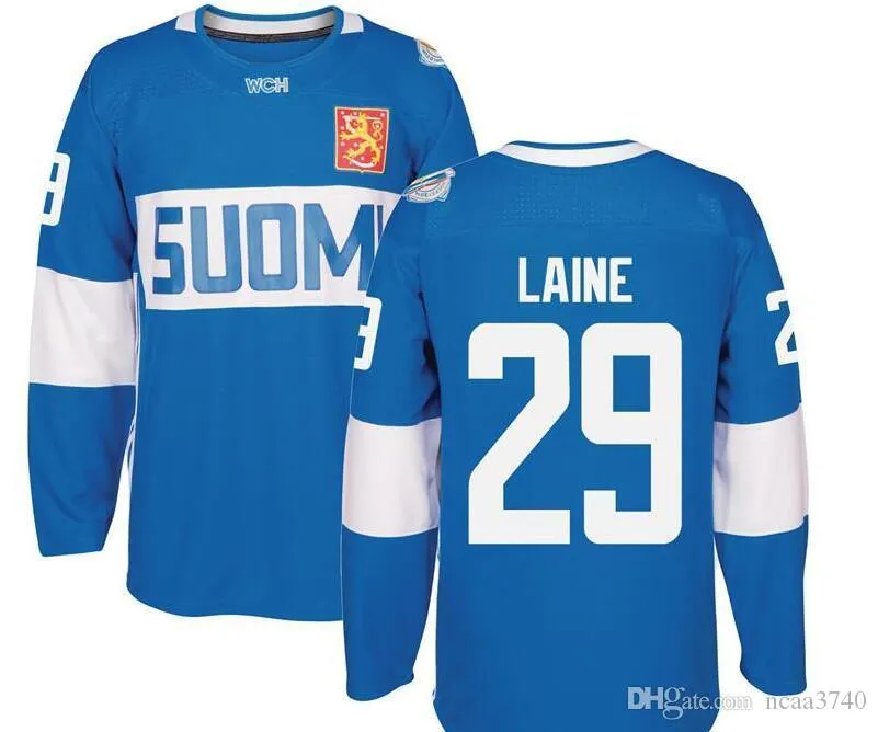 RARO BLU BIANCO Completo ricamo 2016 World Cup of Hockey Finland Team # 29 Patrik Laine Hockey Jersey o personalizzato qualsiasi nome o numero Jersey