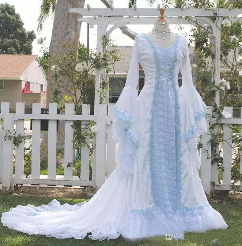 Abiti da sposa celtici vintage Avorio e blu pallido Abiti da sposa medievali colorati Scoop Corsetto maniche lunghe Applicazioni su misura economici