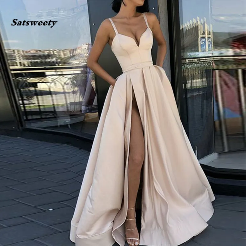 2019 svart prom klänningar med fickor sida slits strapless satin elegant långa kväll festklänningar vin röd kvinna formell klänning