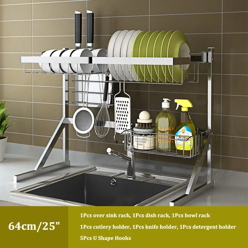 BOOSINY Over Sink Dish Drying Rack, Adjustable (25.6-35.5) 3 Tier Large  Dish Rack Drainer for with Utensil Holder and 10 Hooks