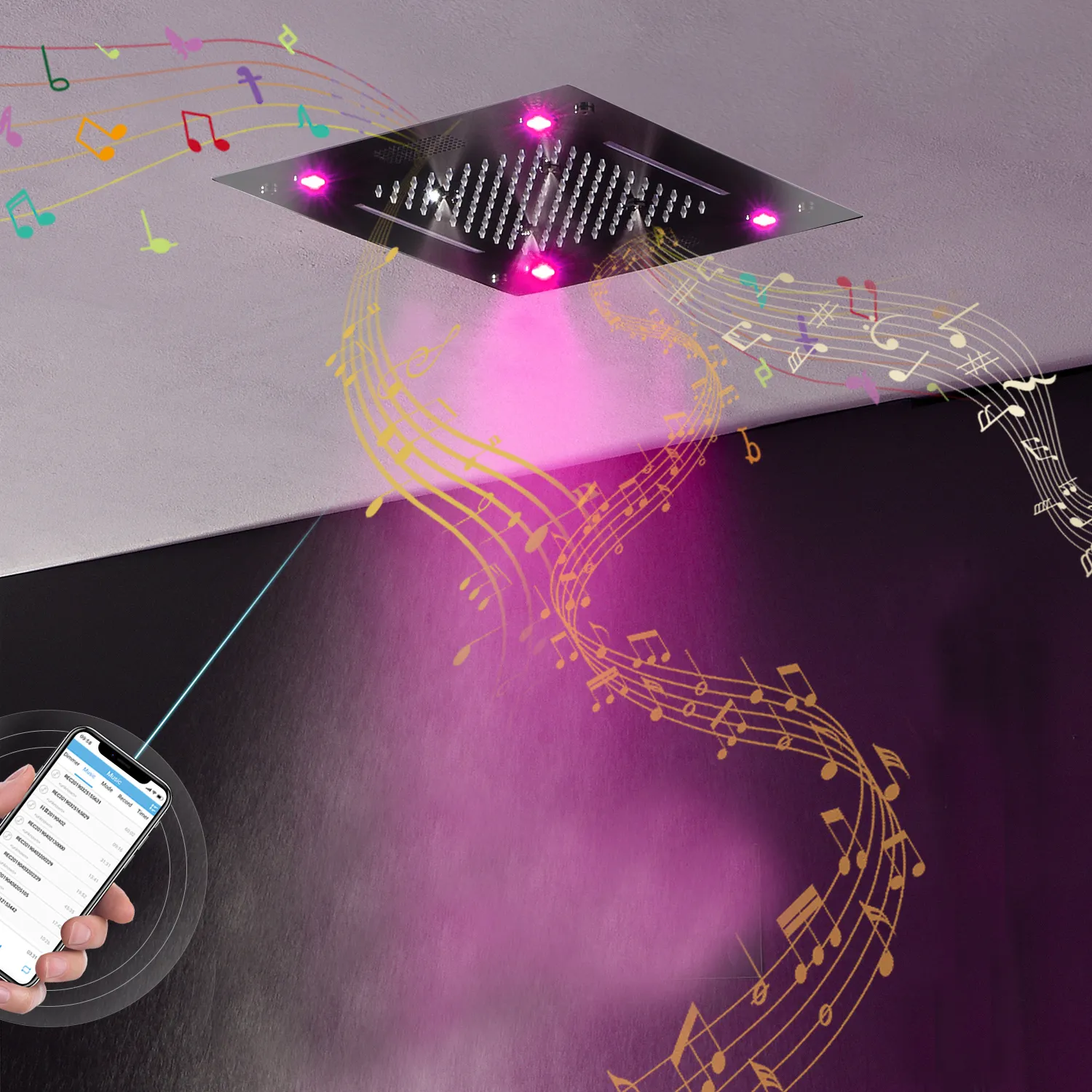 Bluetooth Müzik Duş Başlığı 304 Paslanmaz Çelik Şelale Yağmurluk Bataryaları Banyo Tavan Renkli LED Duş Başlığı Paneli