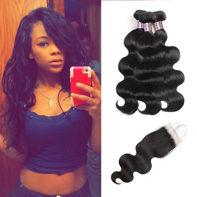 Ishow Body Wave Bundlar Virgin Hair Extensions med 4x4 Lace Stäng Billiga Bra Kvalitet Human Hair Weave För Kvinnor Alla Ages Naturliga Svart 8-28indh