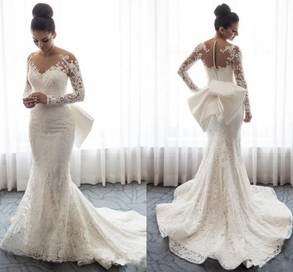 Gorgeous Nigerian Lace African Wedding Dresses 2019 Detachable Train Big Bow Illusion Long Sleeve Sheer Neck Vestido De Novia Bridal Gown