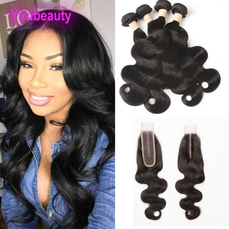 Peruanska människohårförlängningar 4 buntar med 2X6 spetsförslutning 5 stycken Ett set Virgin Hair Body Wave Bunt 6*2 stängning